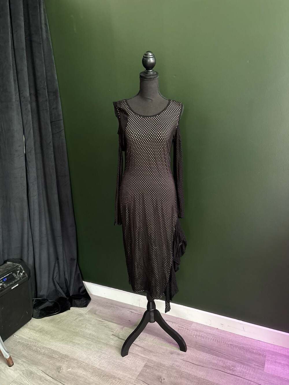 BCBGMAXAZRIA Black Perforated Mesh Ruffle Midi Dress with Zipper Sleeves Size M